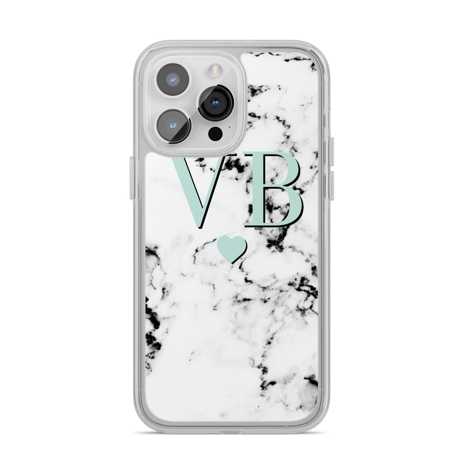 Personalised Mint Initialled Marble Heart iPhone 14 Pro Max Clear Tough Case Silver