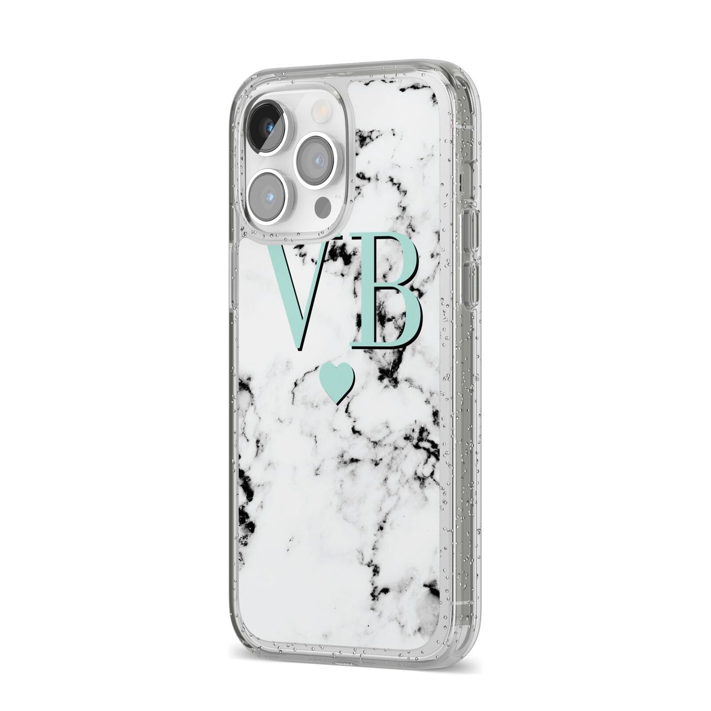 Personalised Mint Initialled Marble Heart iPhone 14 Pro Max Glitter Tough Case Silver Angled Image
