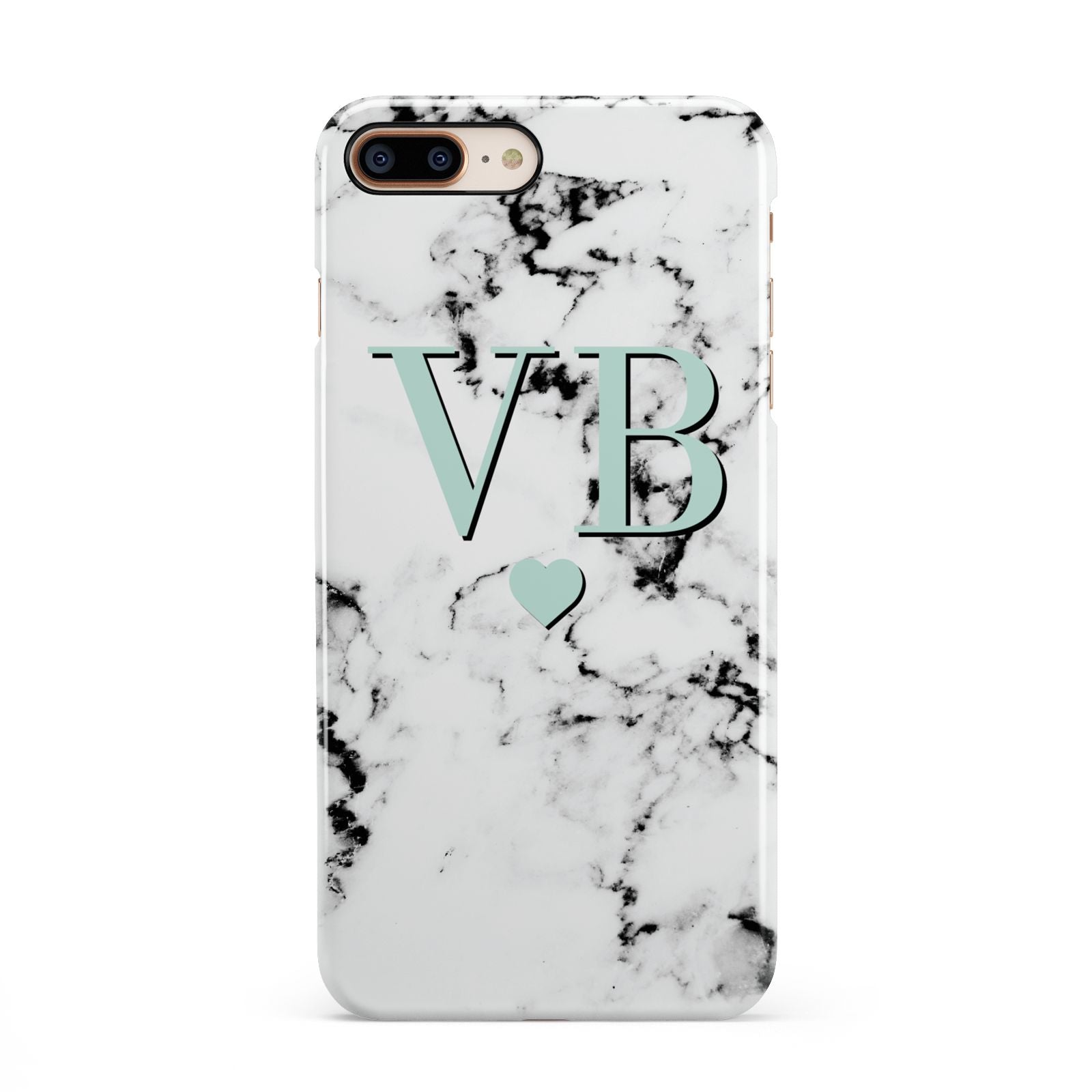 Personalised Mint Initialled Marble Heart iPhone 8 Plus 3D Snap Case on Gold Phone