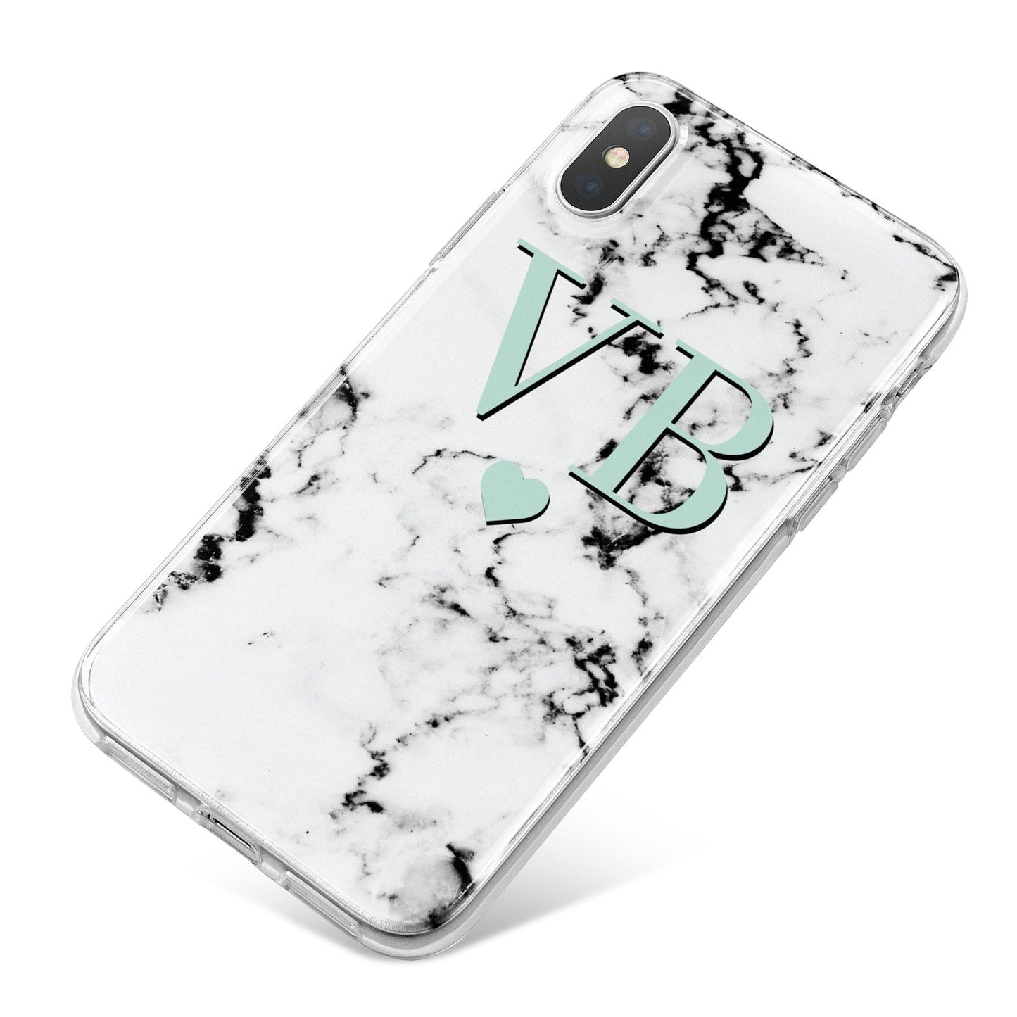 Personalised Mint Initialled Marble Heart iPhone X Bumper Case on Silver iPhone