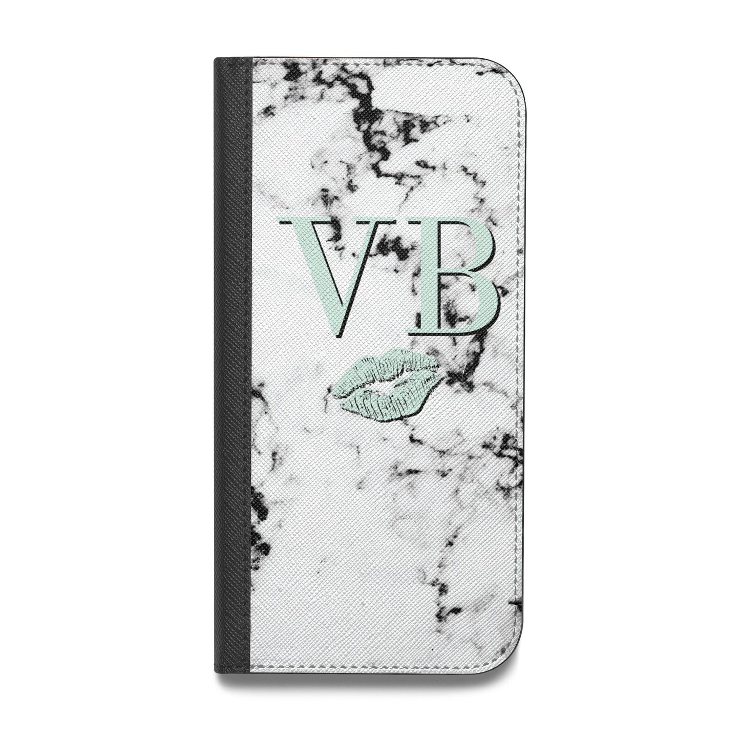 Personalised Mint Lips Initials Marble Vegan Leather Flip iPhone Case