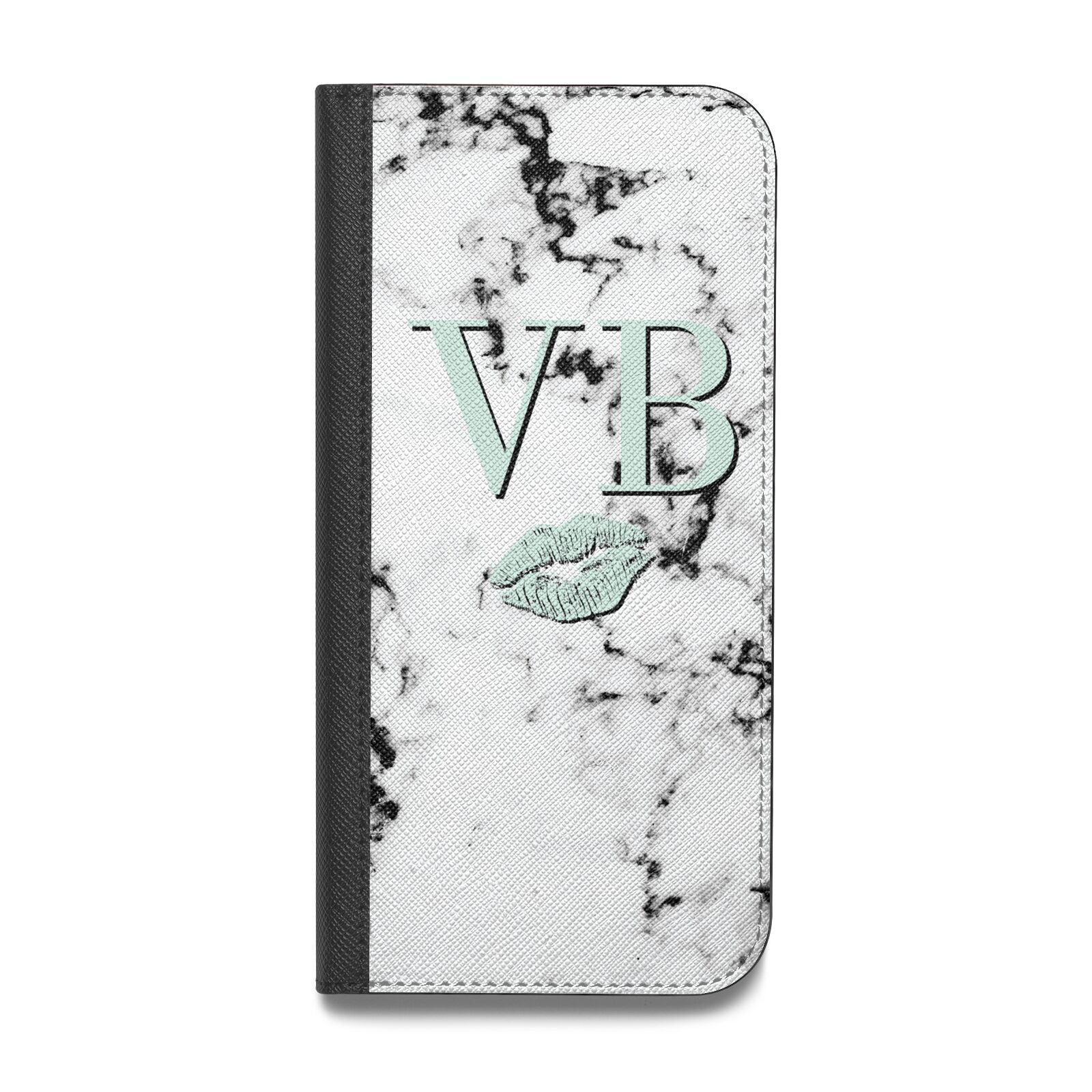 Personalised Mint Lips Initials Marble Vegan Leather Flip iPhone Case