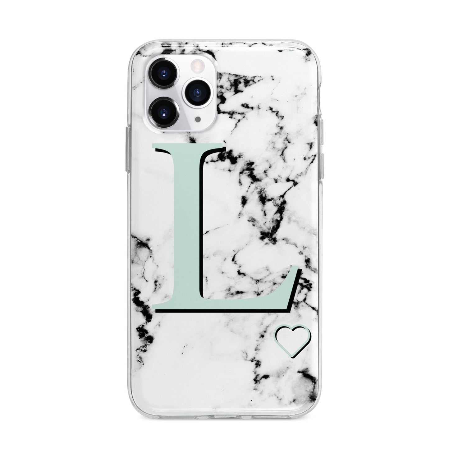 Personalised Mint Monogram Marble Heart Apple iPhone 11 Pro Max in Silver with Bumper Case