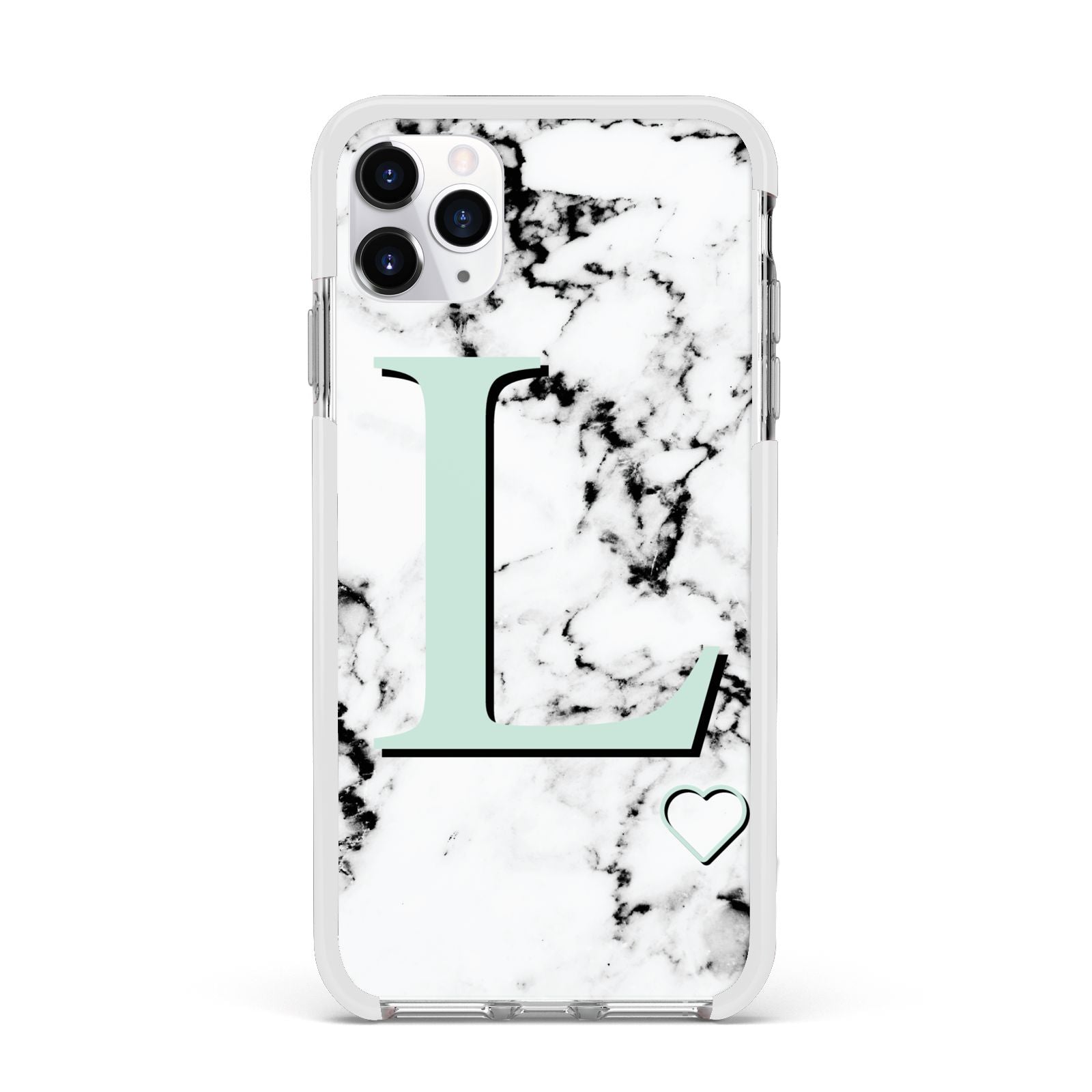 Personalised Mint Monogram Marble Heart Apple iPhone 11 Pro Max in Silver with White Impact Case