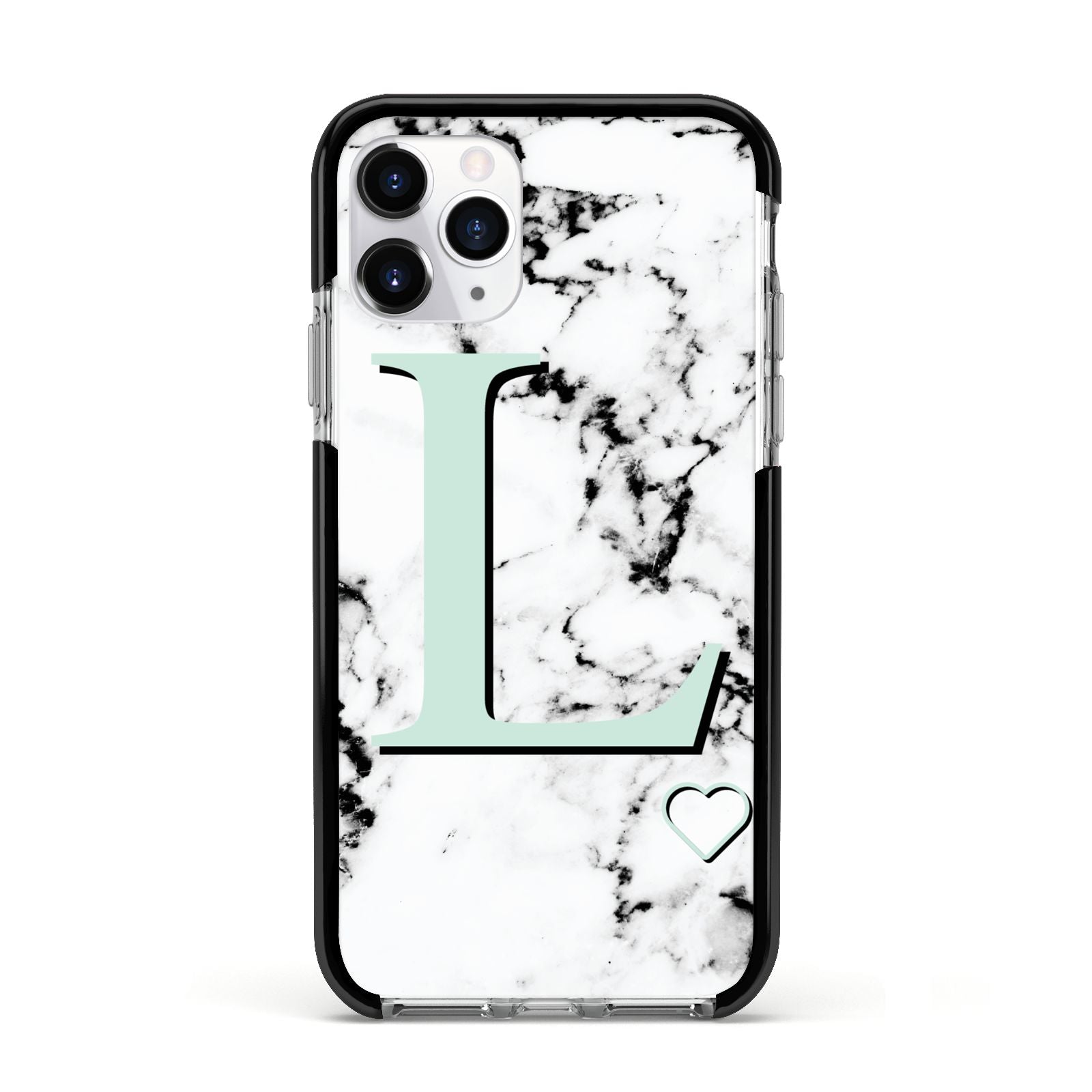 Personalised Mint Monogram Marble Heart Apple iPhone 11 Pro in Silver with Black Impact Case