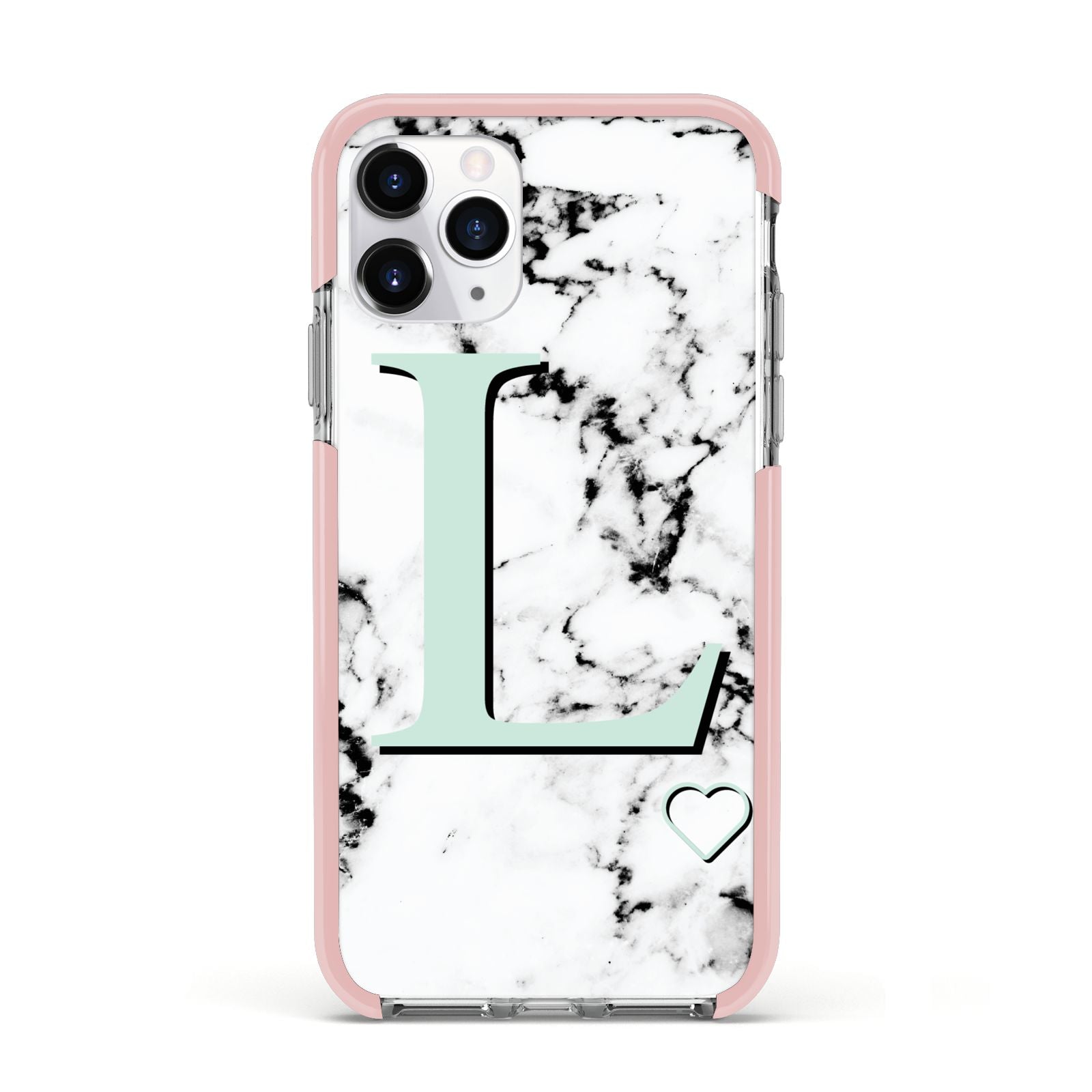 Personalised Mint Monogram Marble Heart Apple iPhone 11 Pro in Silver with Pink Impact Case