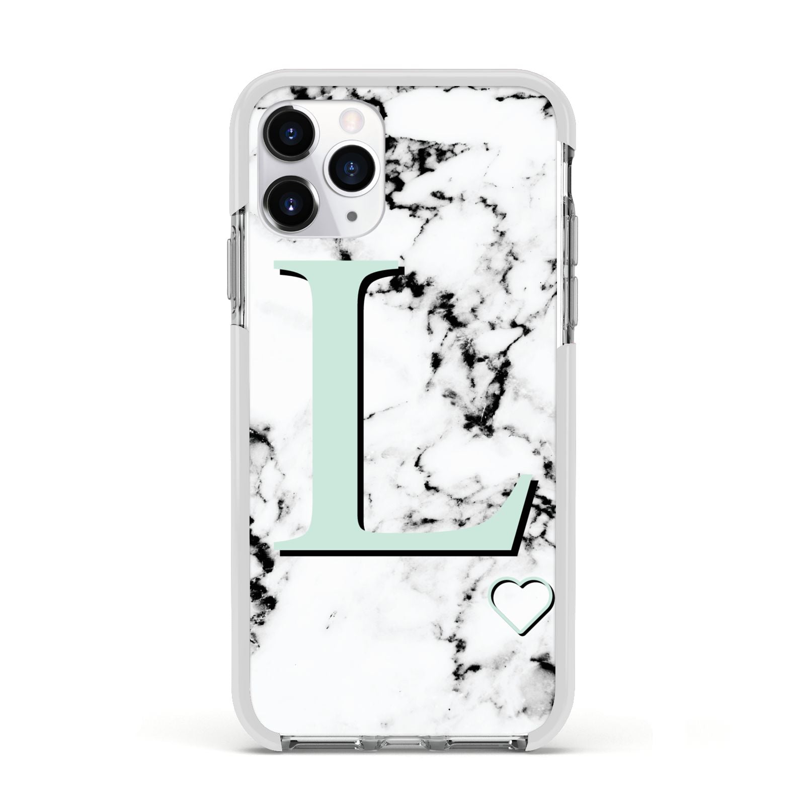 Personalised Mint Monogram Marble Heart Apple iPhone 11 Pro in Silver with White Impact Case
