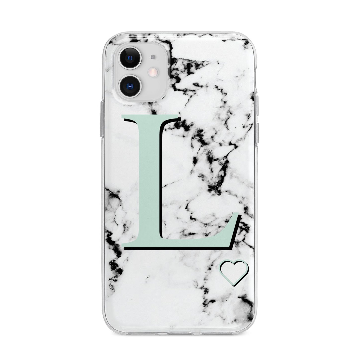 Personalised Mint Monogram Marble Heart Apple iPhone 11 in White with Bumper Case