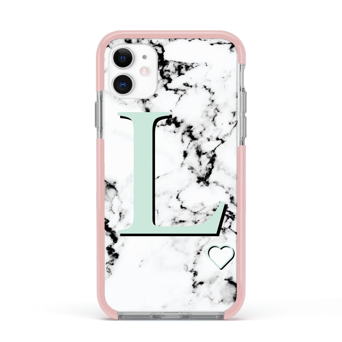 Personalised Mint Monogram Marble Heart Apple iPhone 11 in White with Pink Impact Case