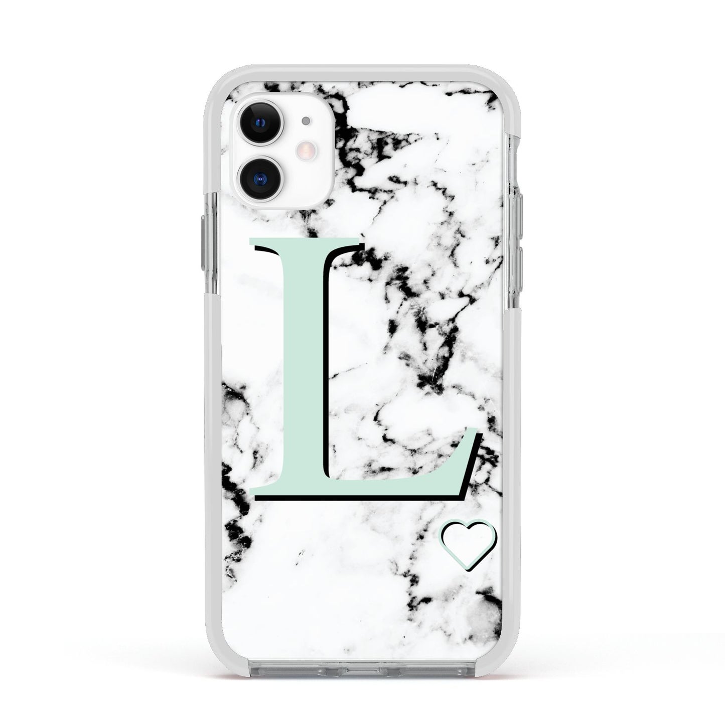 Personalised Mint Monogram Marble Heart Apple iPhone 11 in White with White Impact Case
