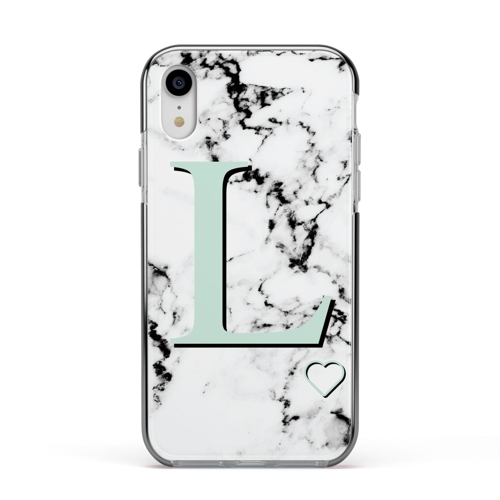 Personalised Mint Monogram Marble Heart Apple iPhone XR Impact Case Black Edge on Silver Phone
