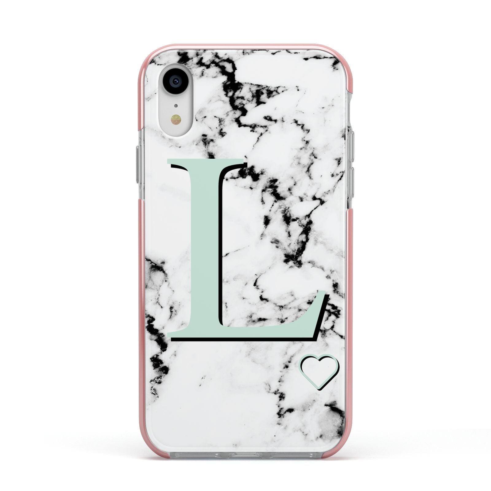 Personalised Mint Monogram Marble Heart Apple iPhone XR Impact Case Pink Edge on Silver Phone