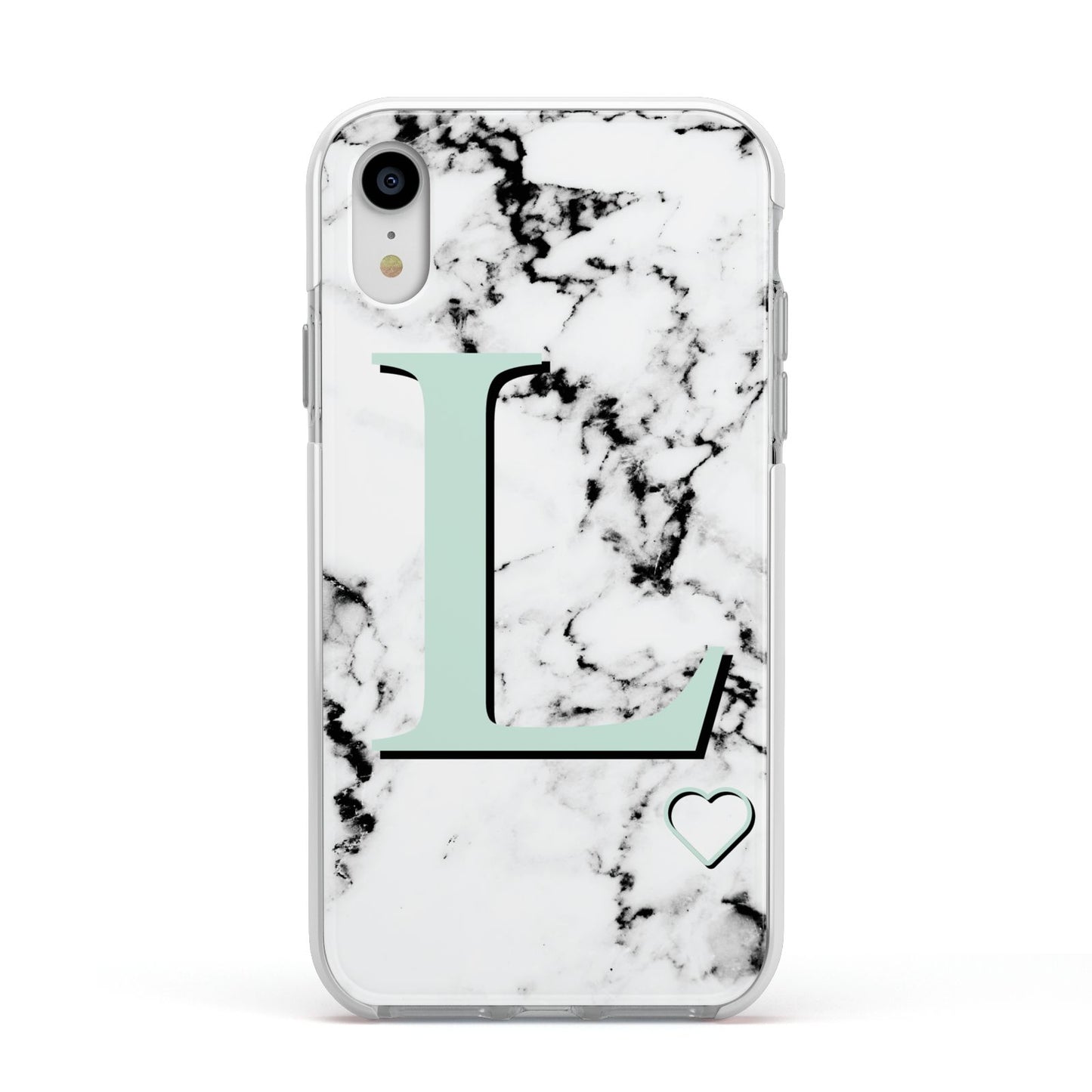 Personalised Mint Monogram Marble Heart Apple iPhone XR Impact Case White Edge on Silver Phone