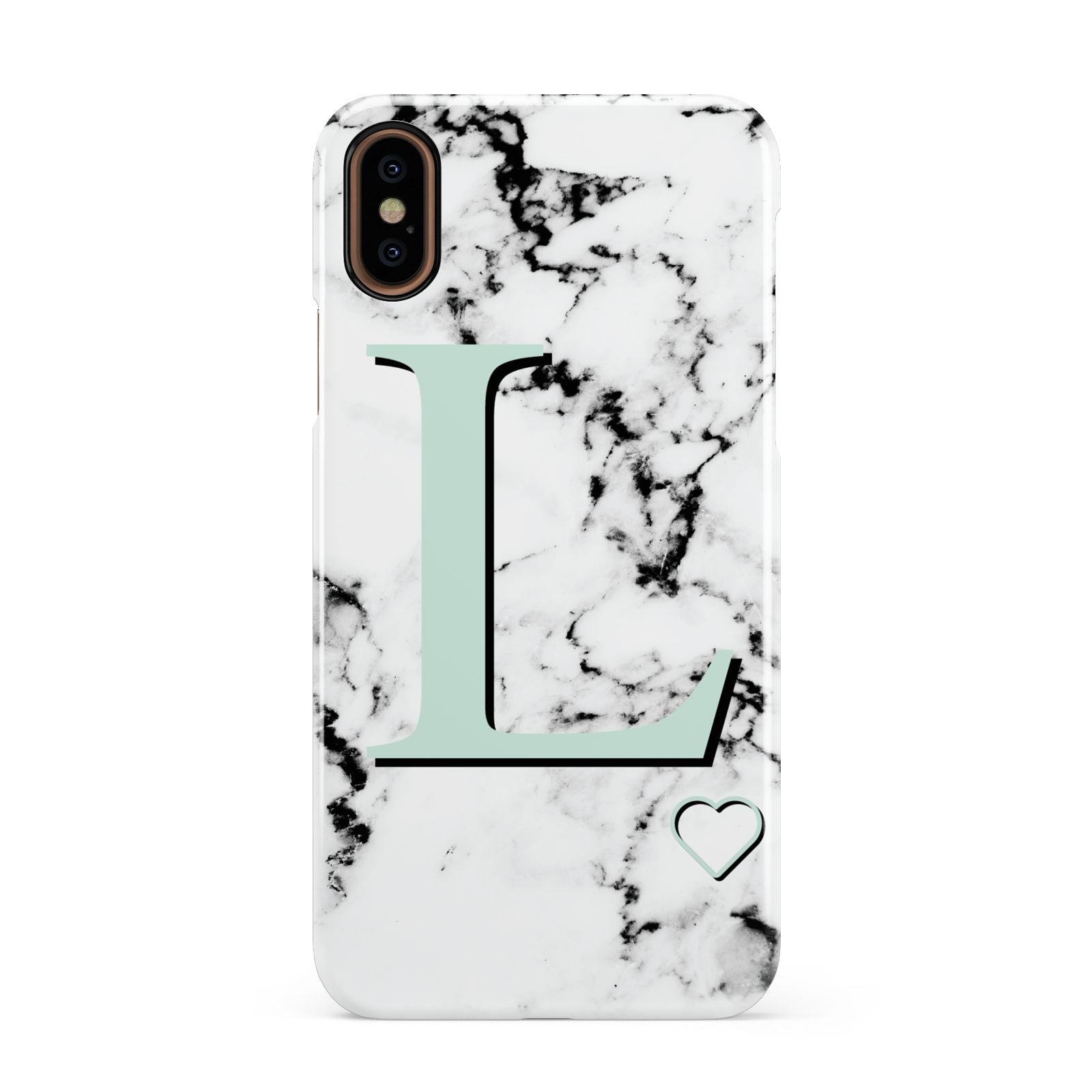 Personalised Mint Monogram Marble Heart Apple iPhone XS 3D Snap Case