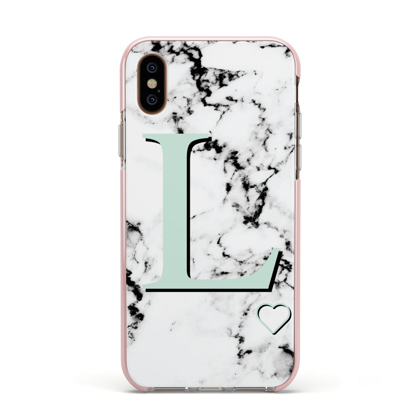 Personalised Mint Monogram Marble Heart Apple iPhone Xs Impact Case Pink Edge on Gold Phone