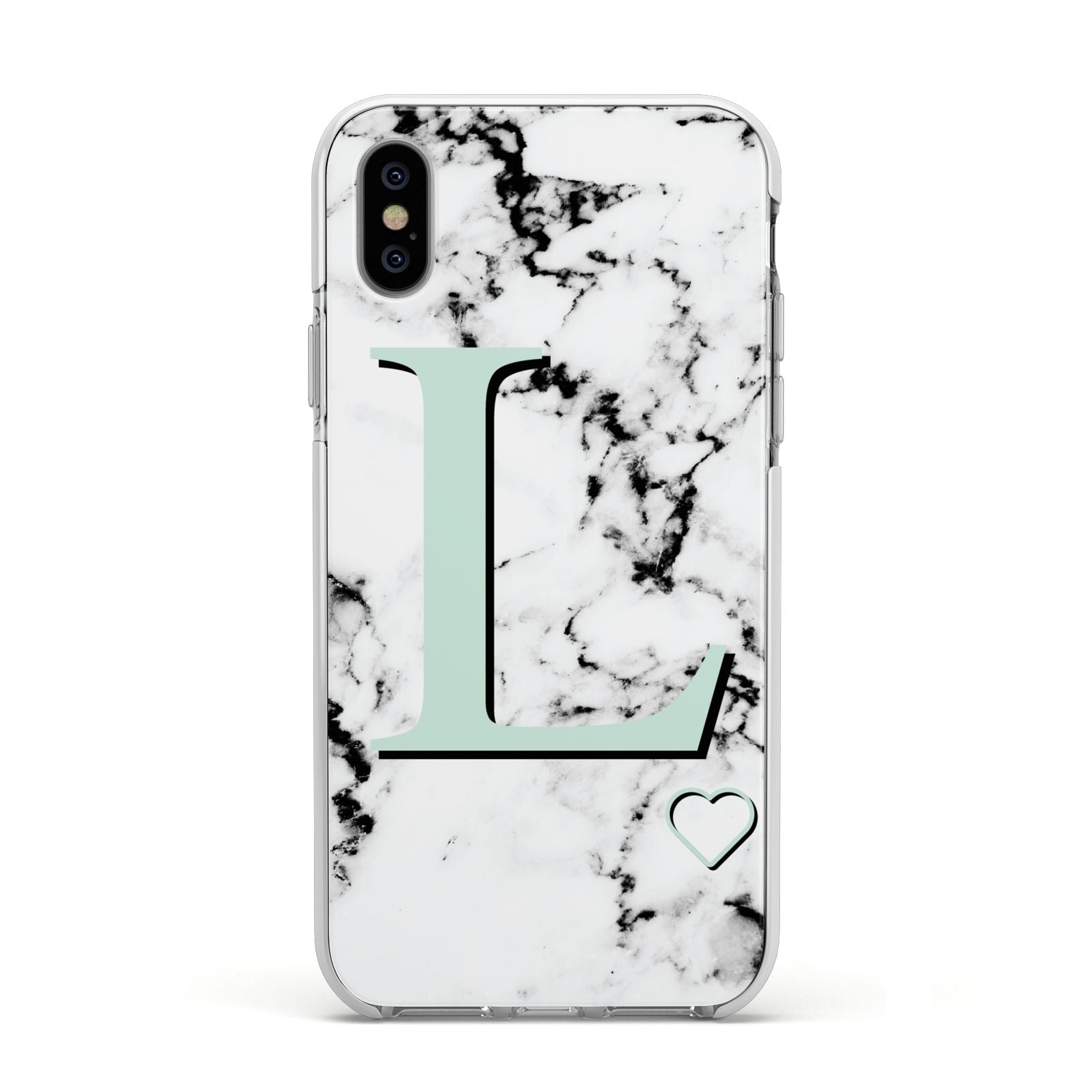 Personalised Mint Monogram Marble Heart Apple iPhone Xs Impact Case White Edge on Silver Phone