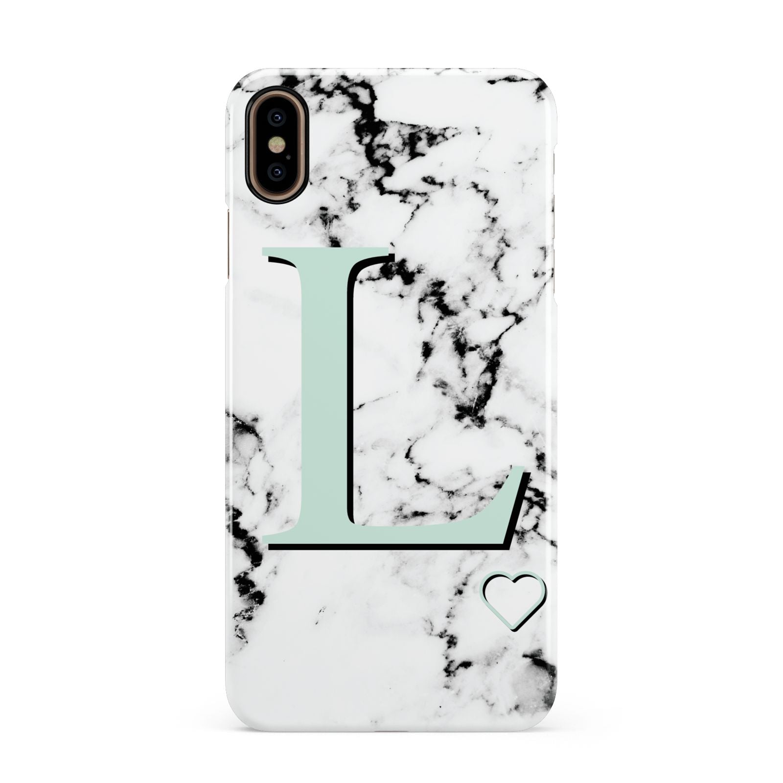 Personalised Mint Monogram Marble Heart Apple iPhone Xs Max 3D Snap Case