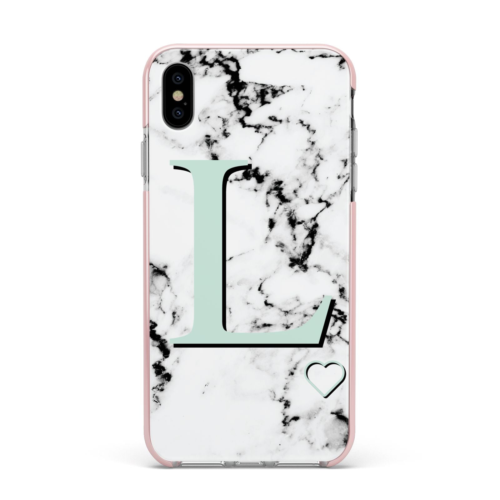 Personalised Mint Monogram Marble Heart Apple iPhone Xs Max Impact Case Pink Edge on Silver Phone