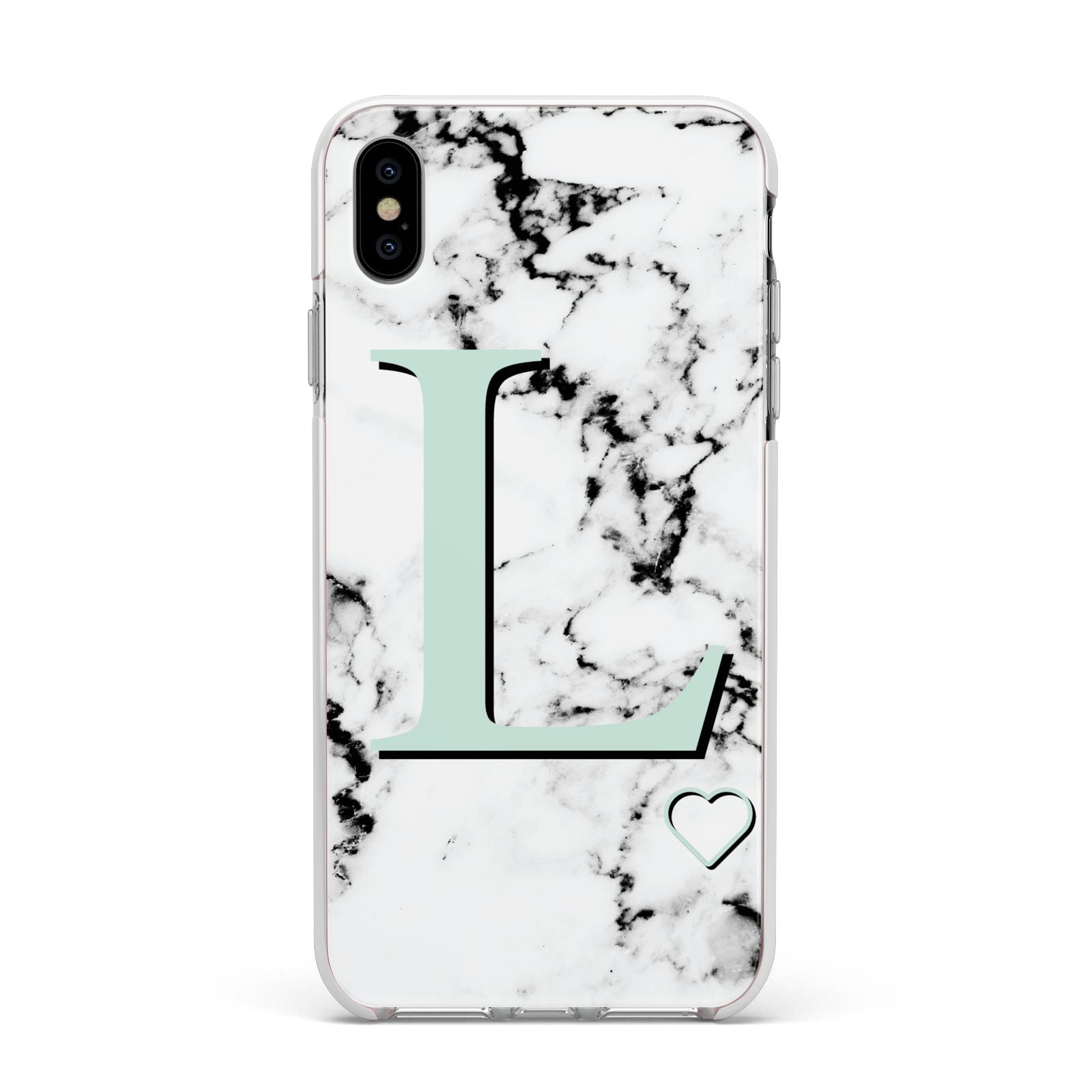 Personalised Mint Monogram Marble Heart Apple iPhone Xs Max Impact Case White Edge on Silver Phone