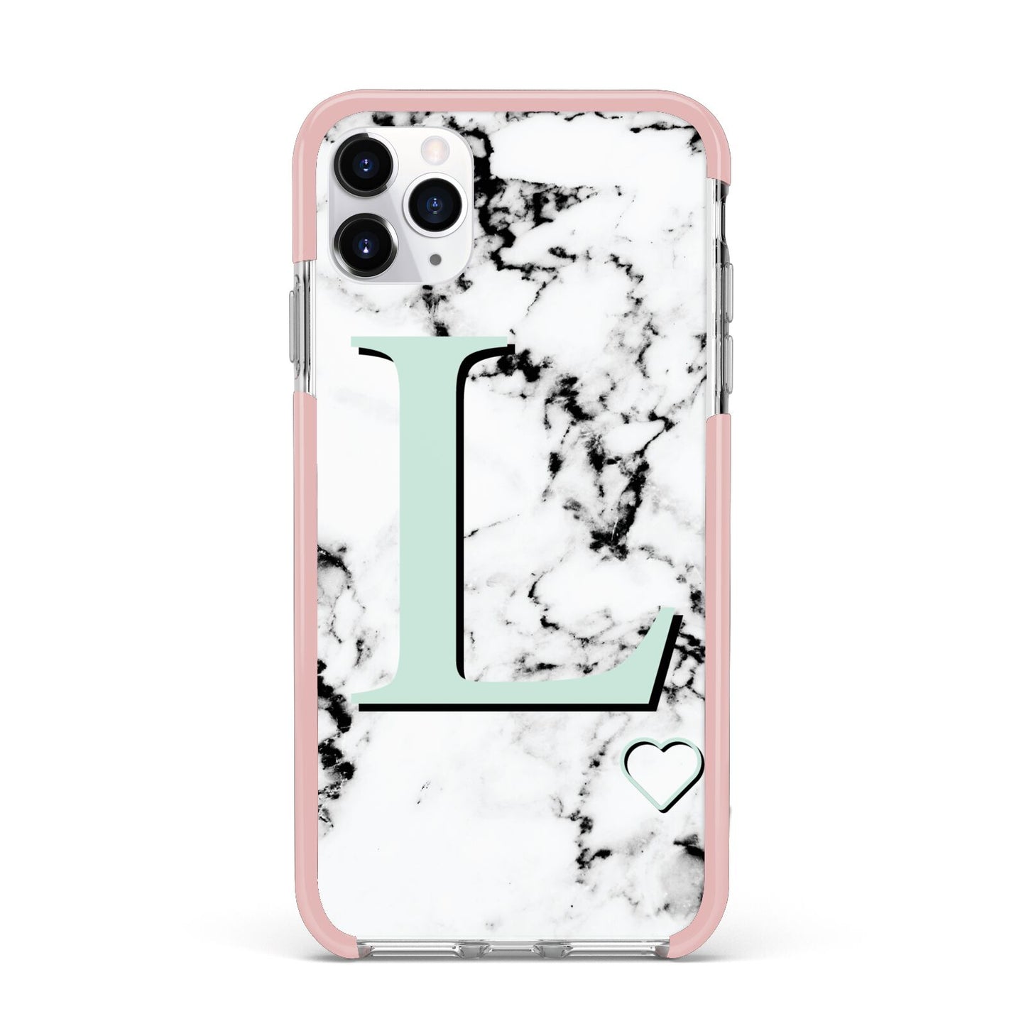 Personalised Mint Monogram Marble Heart iPhone 11 Pro Max Impact Pink Edge Case