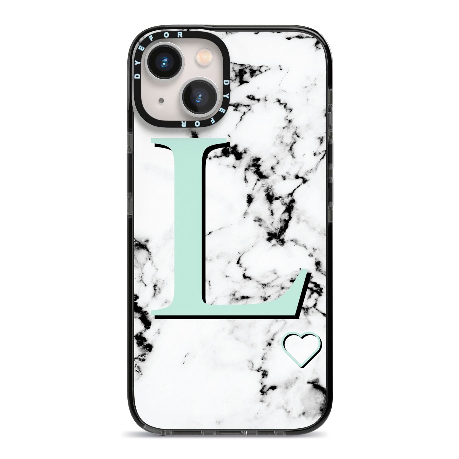 Personalised Mint Monogram Marble Heart iPhone 13 Black Impact Case on Silver phone