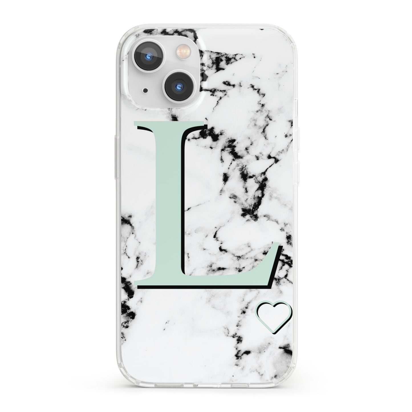 Personalised Mint Monogram Marble Heart iPhone 13 Clear Bumper Case