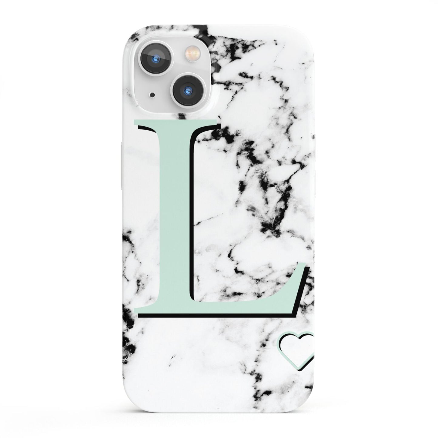 Personalised Mint Monogram Marble Heart iPhone 13 Full Wrap 3D Snap Case