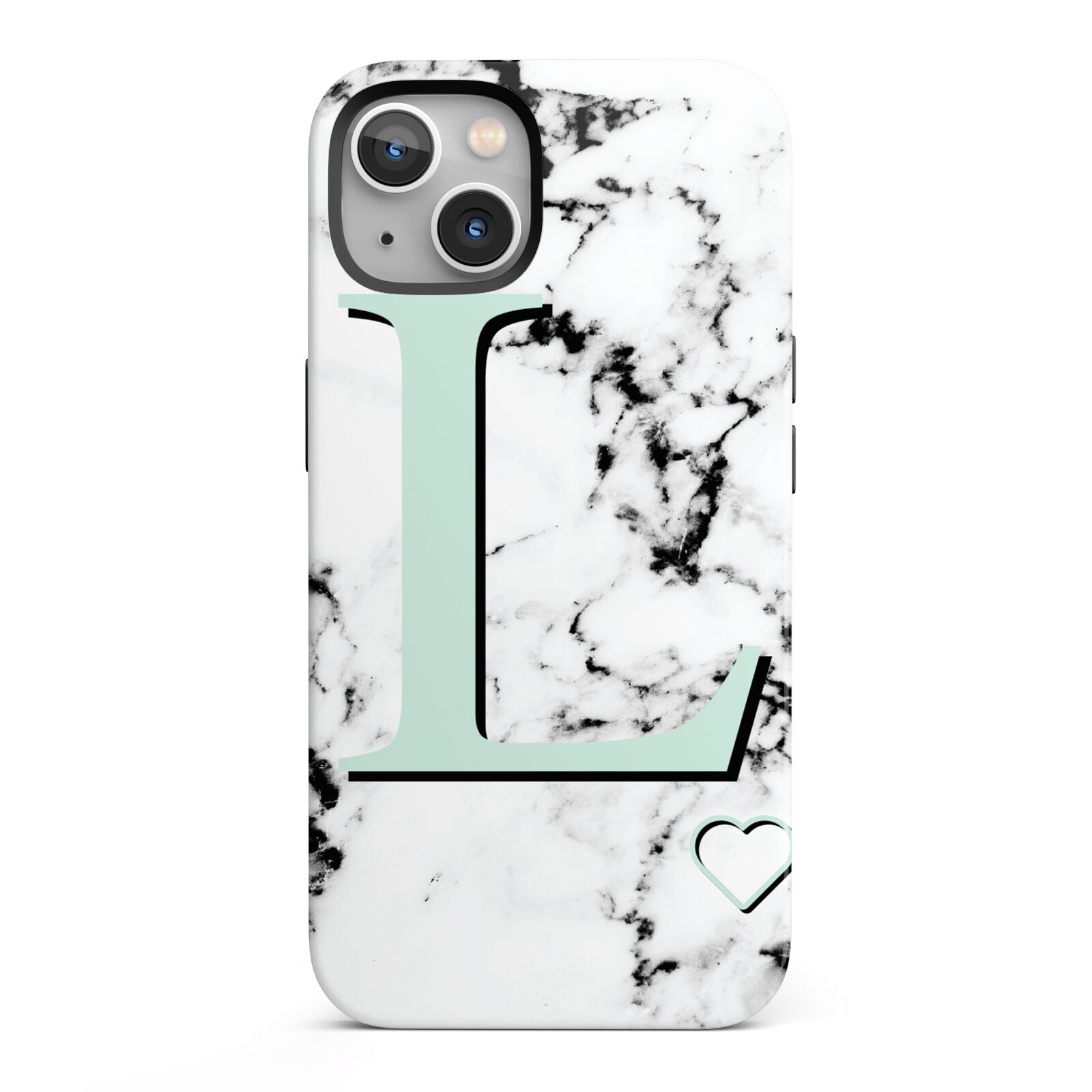 Personalised Mint Monogram Marble Heart iPhone 13 Full Wrap 3D Tough Case