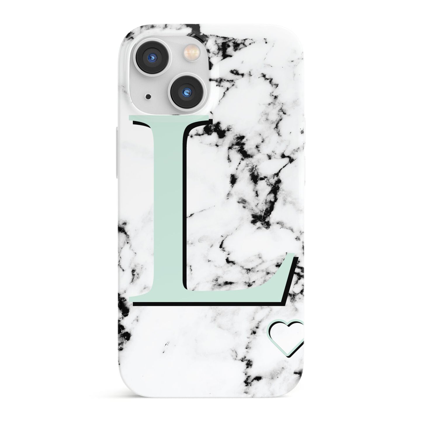 Personalised Mint Monogram Marble Heart iPhone 13 Mini Full Wrap 3D Snap Case