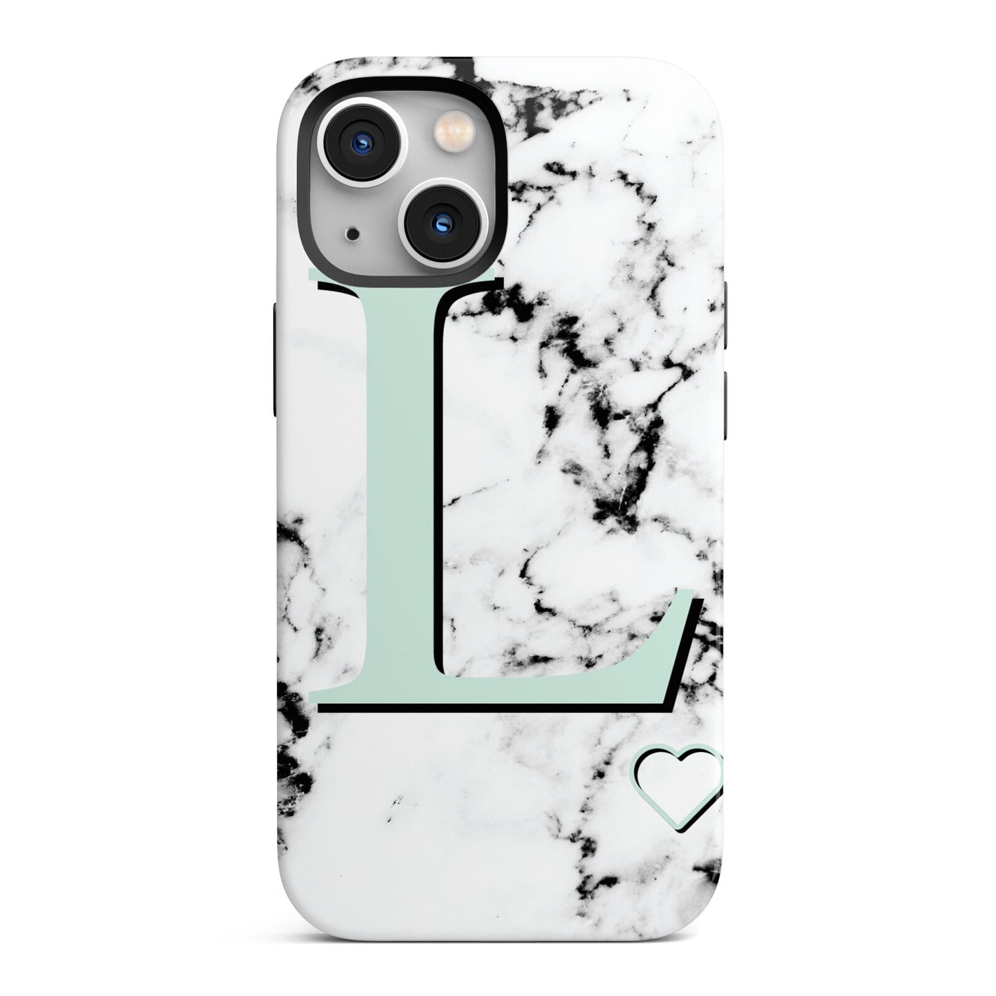 Personalised Mint Monogram Marble Heart iPhone 13 Mini Full Wrap 3D Tough Case