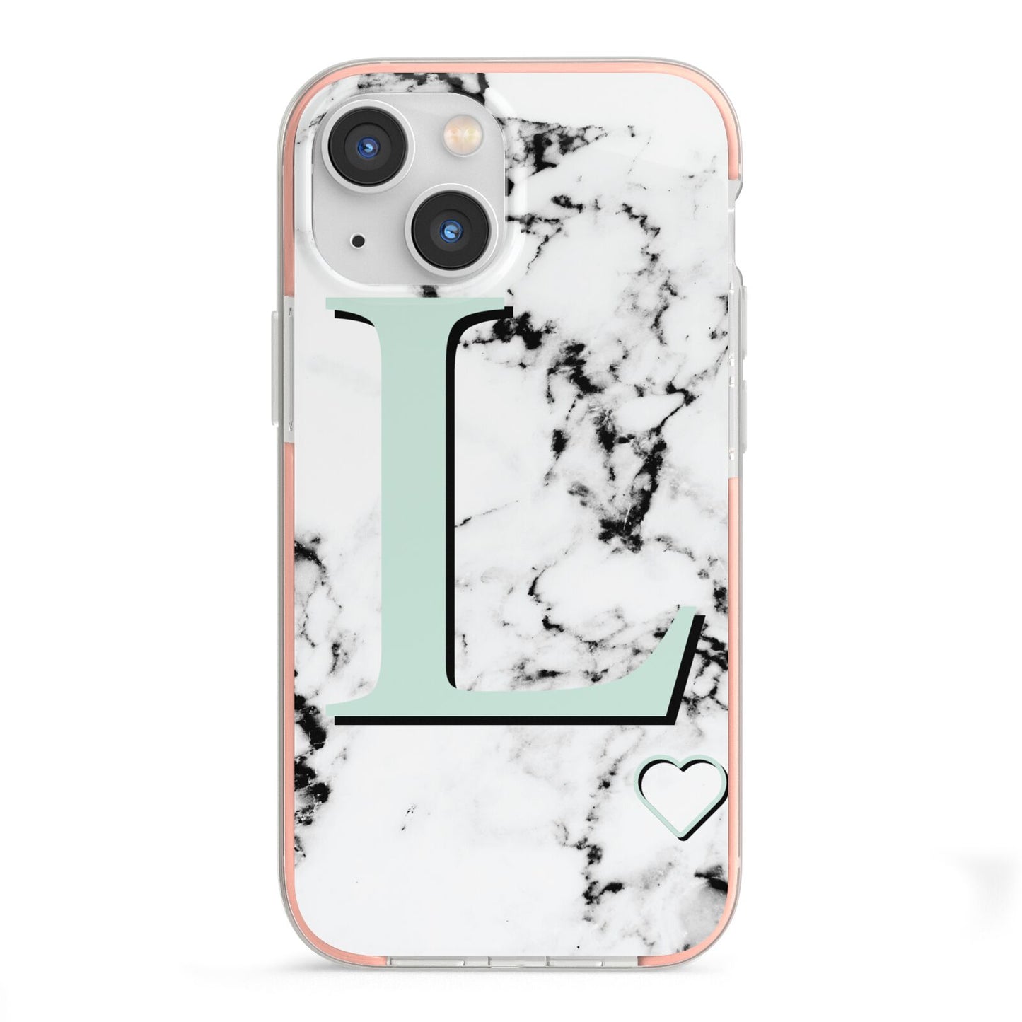 Personalised Mint Monogram Marble Heart iPhone 13 Mini TPU Impact Case with Pink Edges
