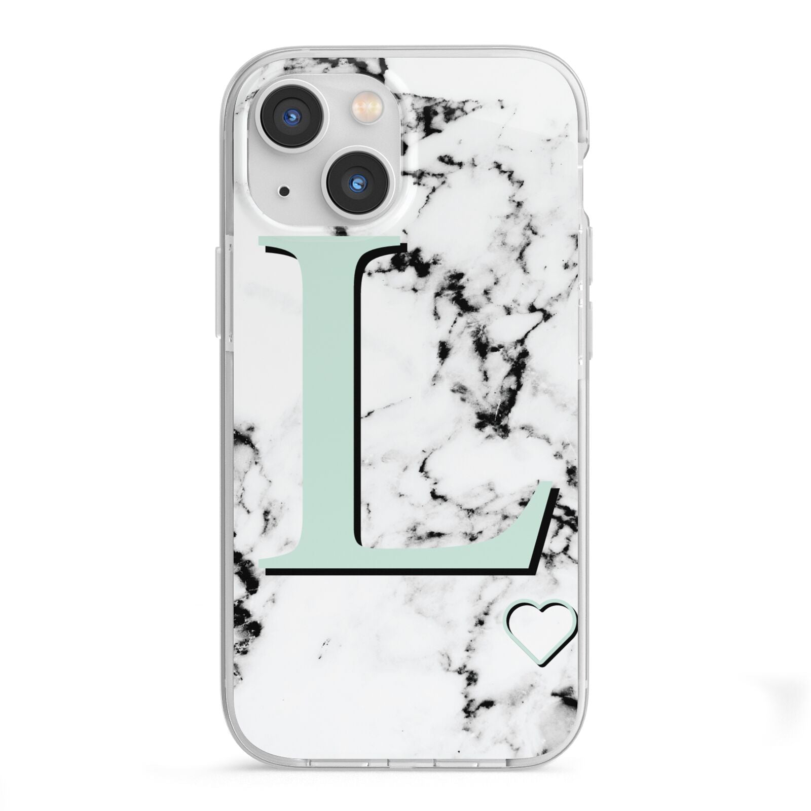 Personalised Mint Monogram Marble Heart iPhone 13 Mini TPU Impact Case with White Edges