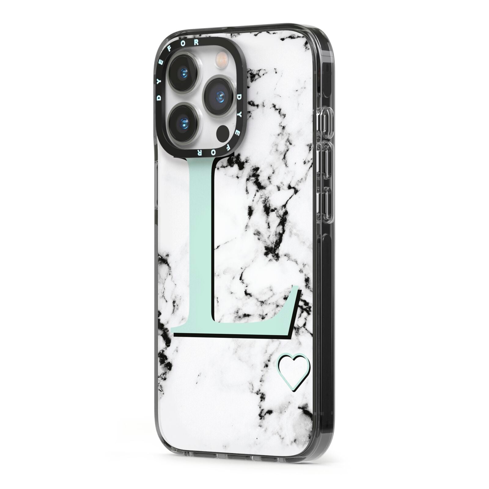 Personalised Mint Monogram Marble Heart iPhone 13 Pro Black Impact Case Side Angle on Silver phone