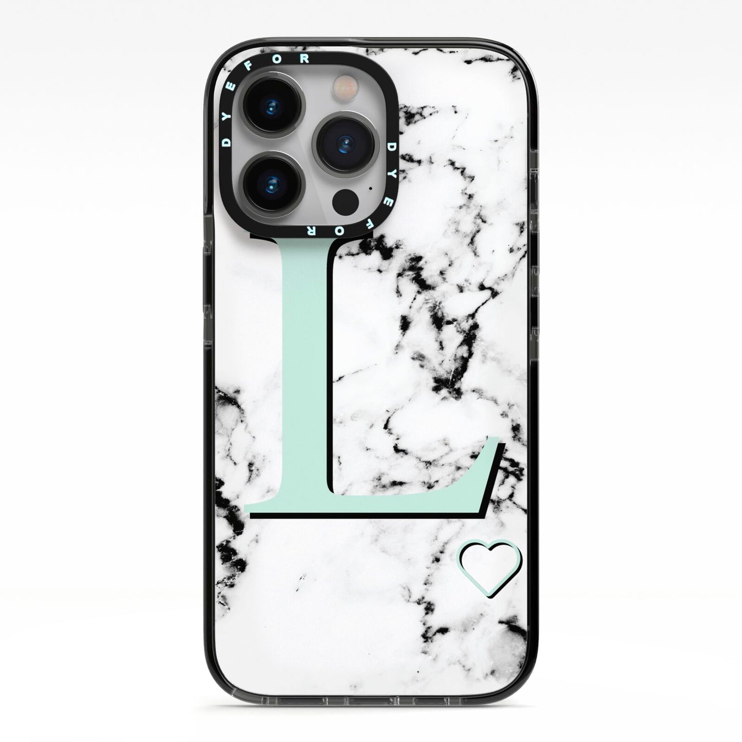 Personalised Mint Monogram Marble Heart iPhone 13 Pro Black Impact Case on Silver phone