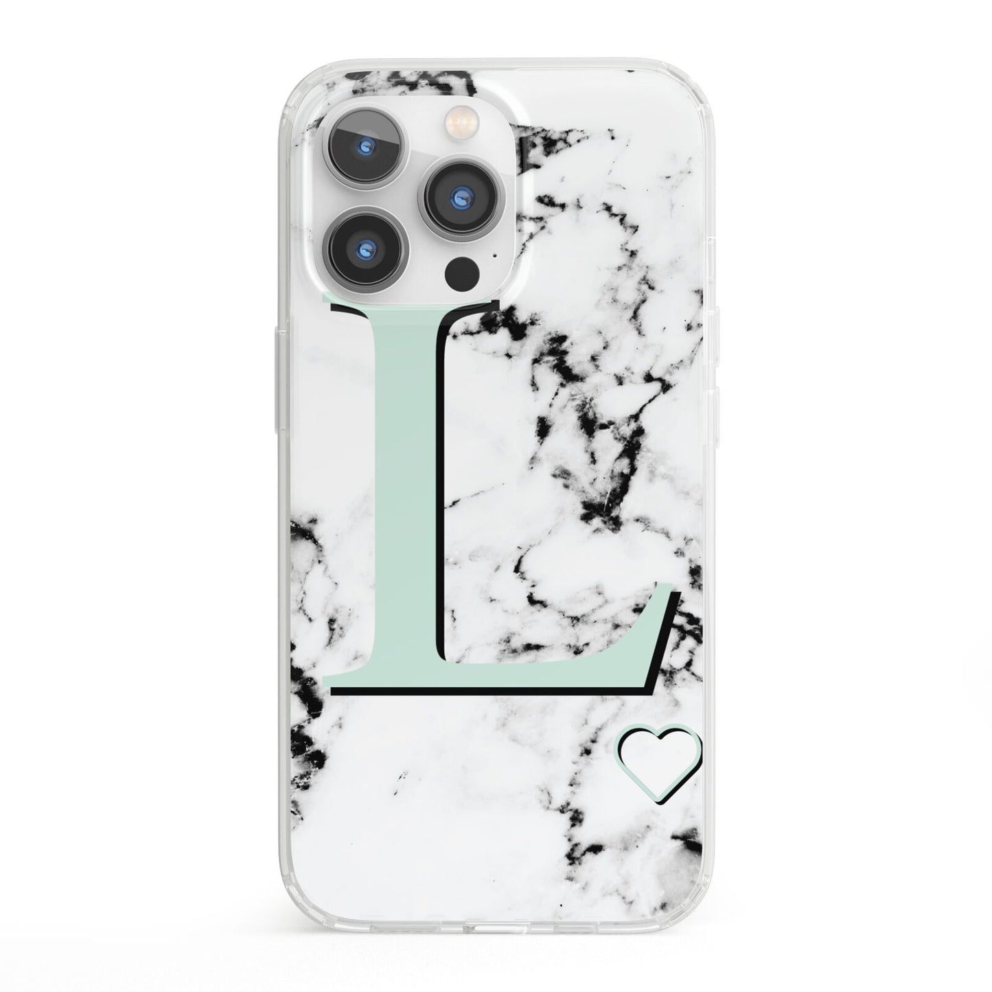 Personalised Mint Monogram Marble Heart iPhone 13 Pro Clear Bumper Case