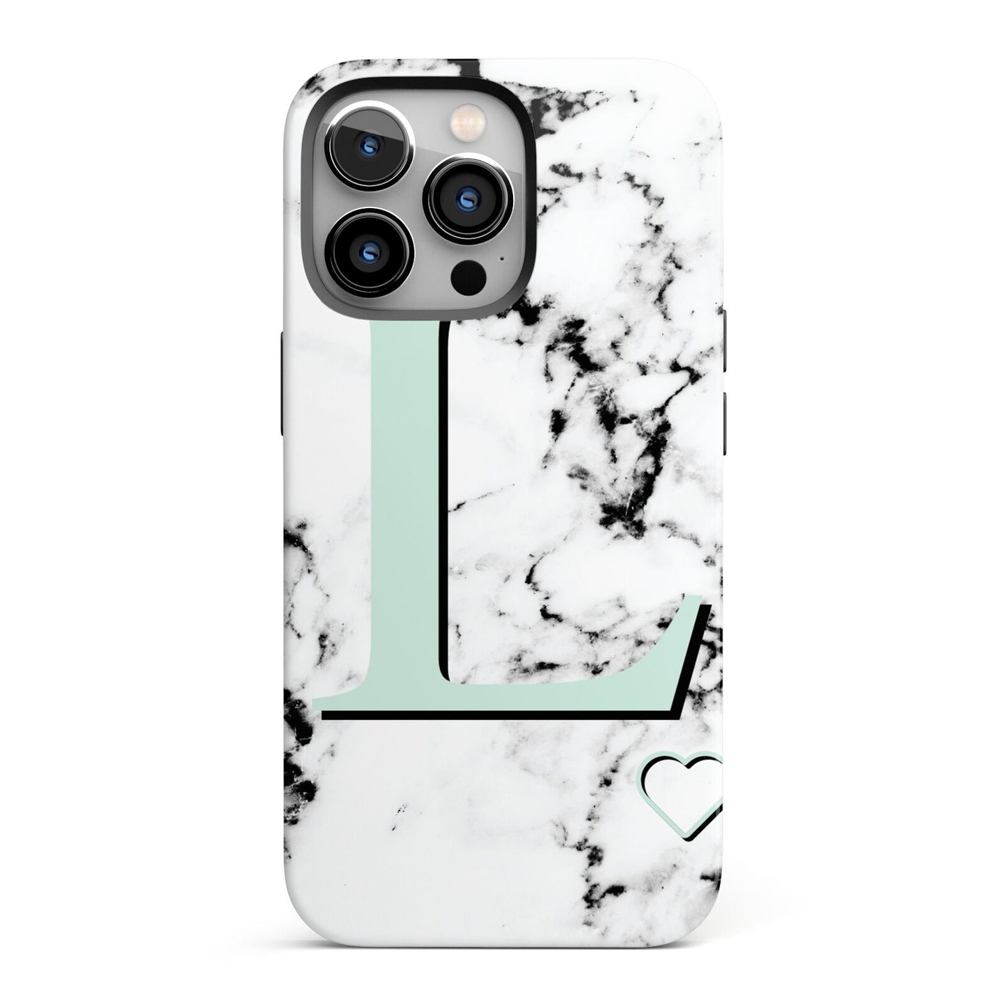 Personalised Mint Monogram Marble Heart iPhone 13 Pro Full Wrap 3D Tough Case