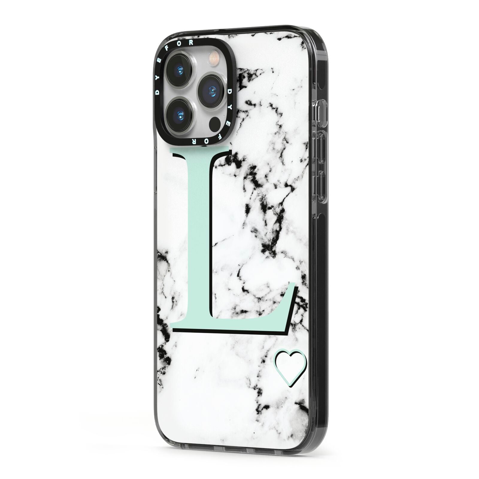 Personalised Mint Monogram Marble Heart iPhone 13 Pro Max Black Impact Case Side Angle on Silver phone