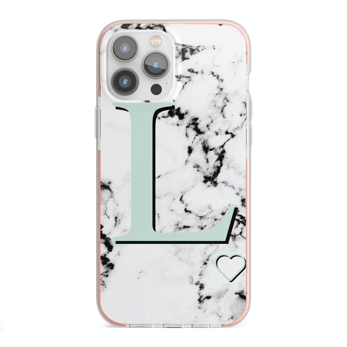 Personalised Mint Monogram Marble Heart iPhone 13 Pro Max TPU Impact Case with Pink Edges