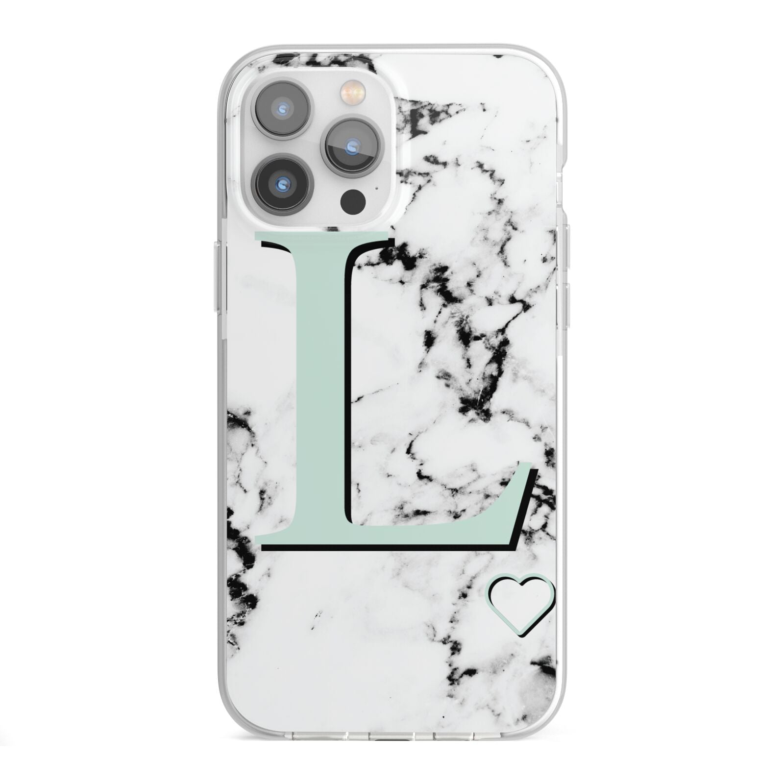 Personalised Mint Monogram Marble Heart iPhone 13 Pro Max TPU Impact Case with White Edges