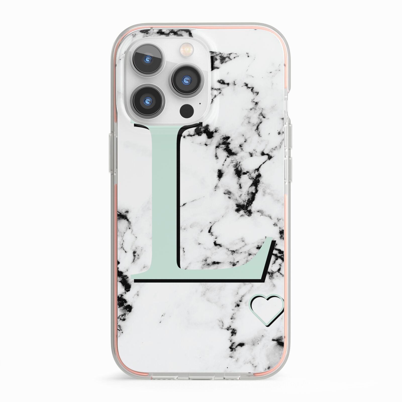Personalised Mint Monogram Marble Heart iPhone 13 Pro TPU Impact Case with Pink Edges