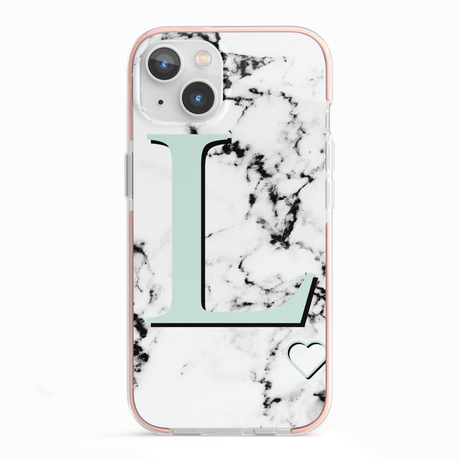 Personalised Mint Monogram Marble Heart iPhone 13 TPU Impact Case with Pink Edges