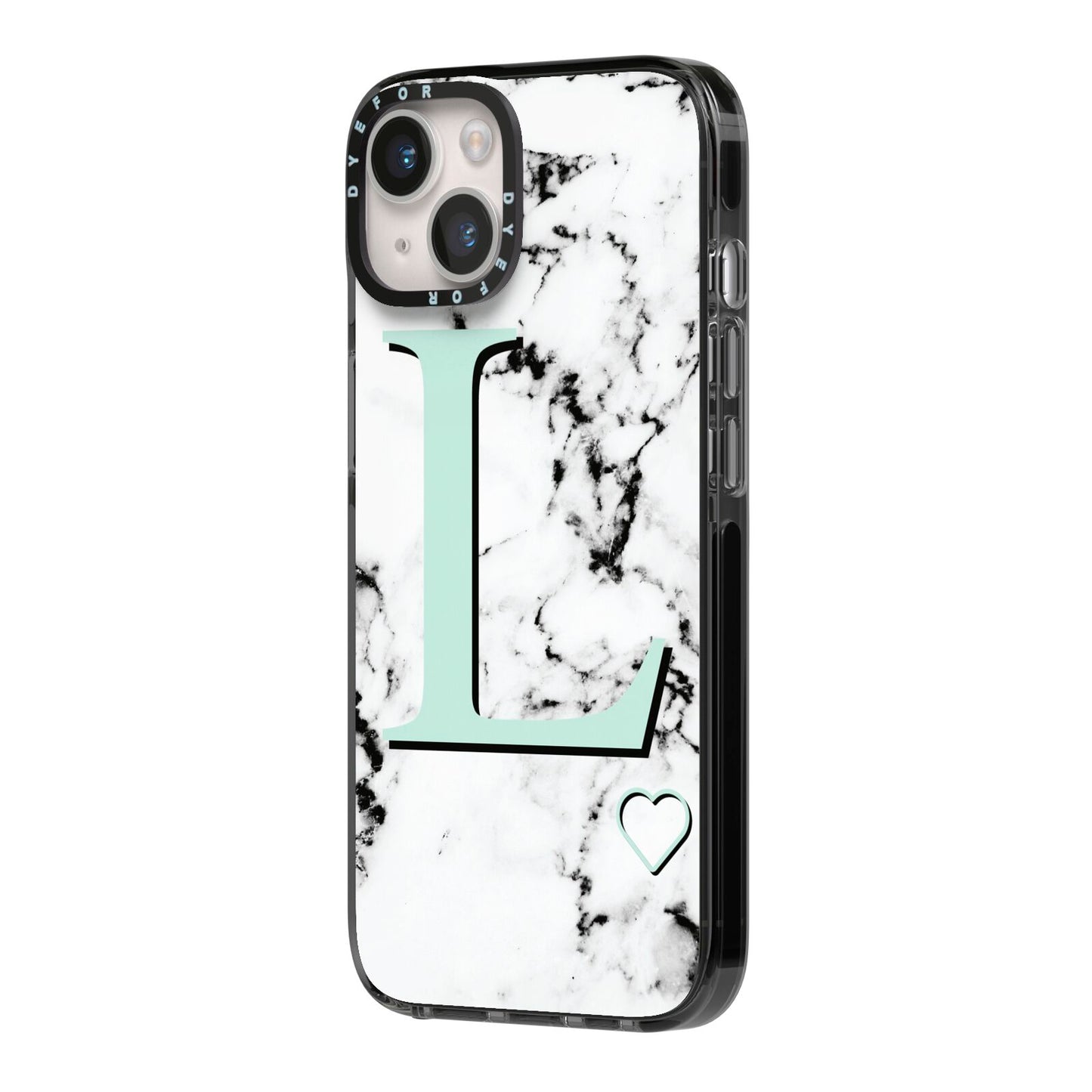 Personalised Mint Monogram Marble Heart iPhone 14 Black Impact Case Side Angle on Silver phone