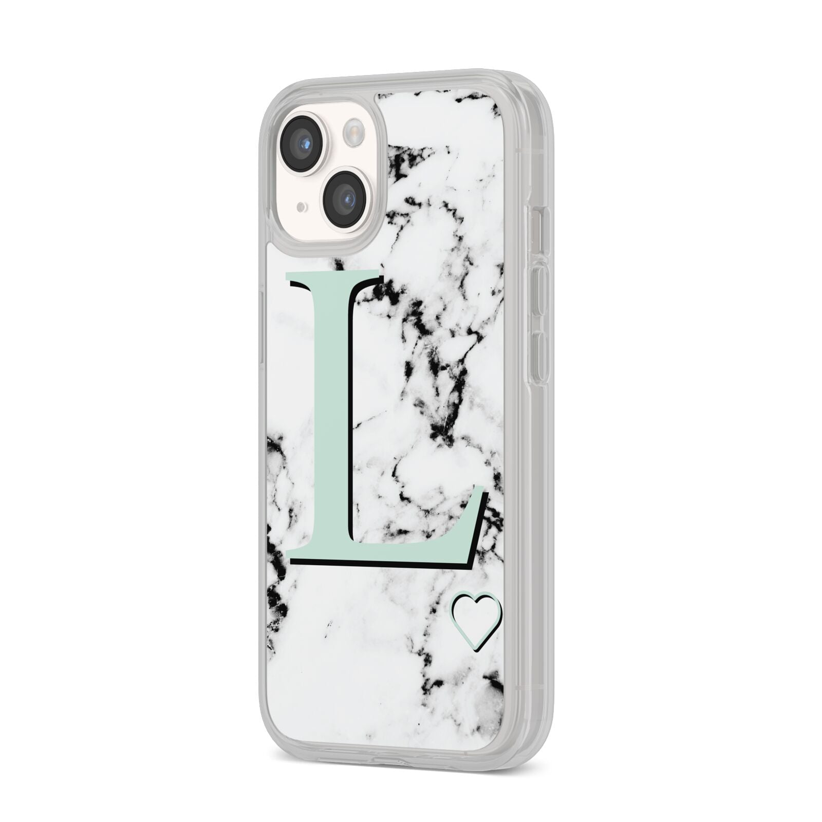 Personalised Mint Monogram Marble Heart iPhone 14 Clear Tough Case Starlight Angled Image