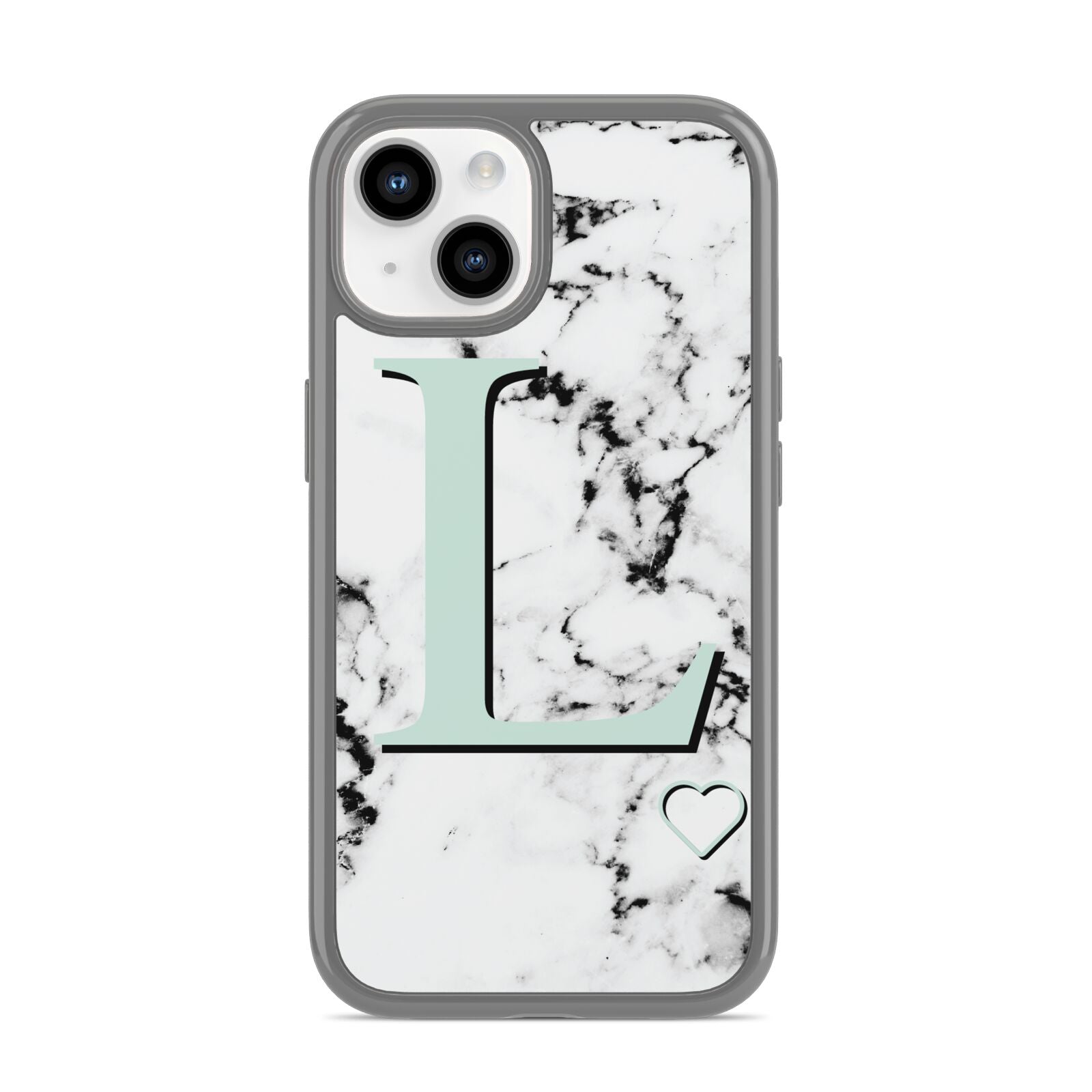 Personalised Mint Monogram Marble Heart iPhone 14 Clear Tough Case Starlight