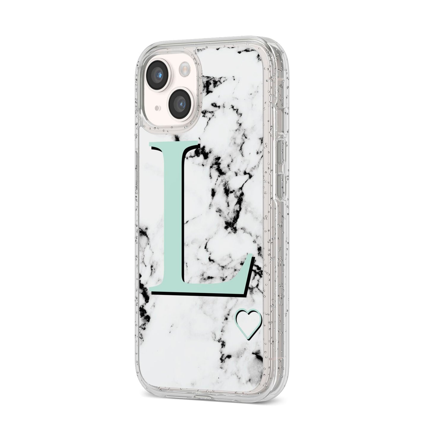 Personalised Mint Monogram Marble Heart iPhone 14 Glitter Tough Case Starlight Angled Image
