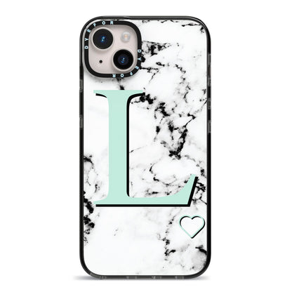 Personalised Mint Monogram Marble Heart iPhone 14 Plus Black Impact Case on Silver phone