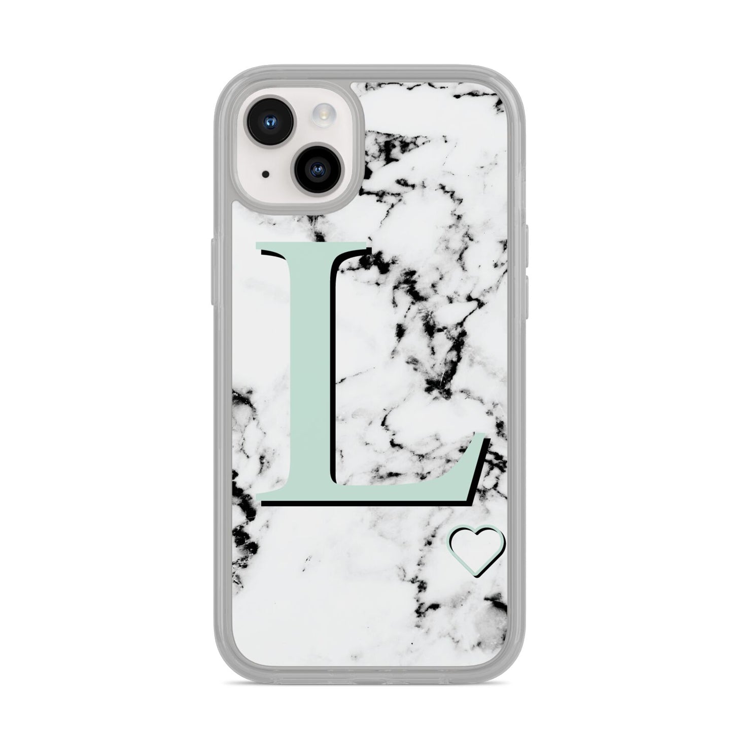 Personalised Mint Monogram Marble Heart iPhone 14 Plus Clear Tough Case Starlight
