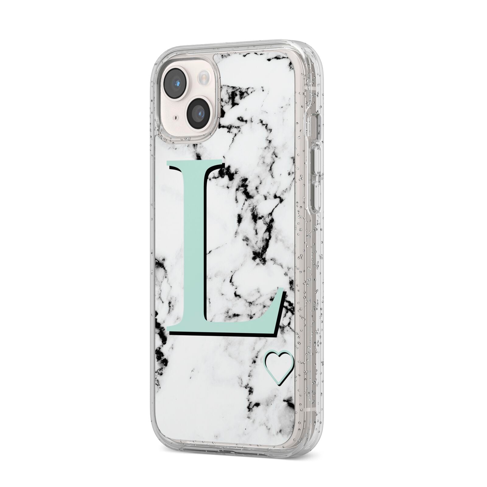 Personalised Mint Monogram Marble Heart iPhone 14 Plus Glitter Tough Case Starlight Angled Image