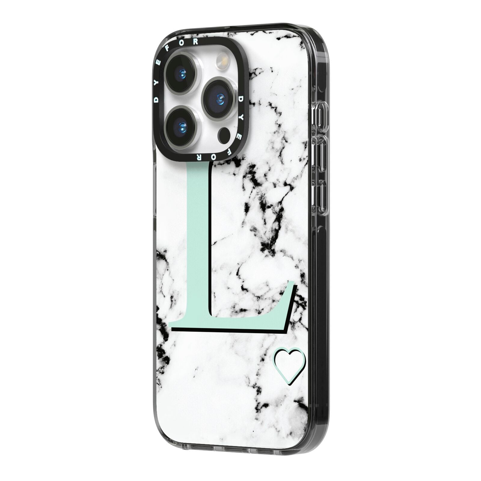 Personalised Mint Monogram Marble Heart iPhone 14 Pro Black Impact Case Side Angle on Silver phone