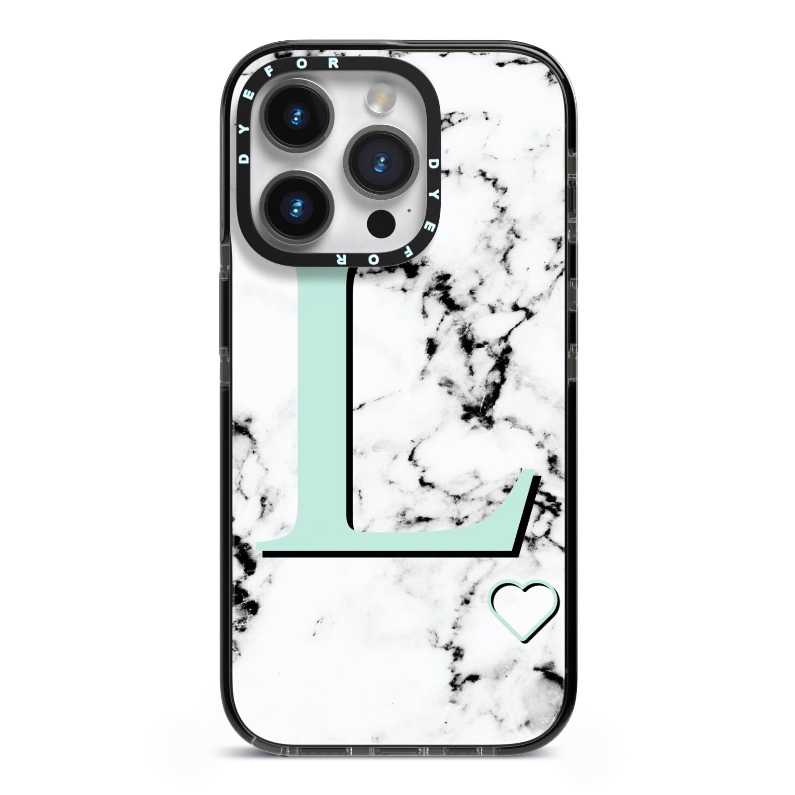 Personalised Mint Monogram Marble Heart iPhone 14 Pro Black Impact Case on Silver phone
